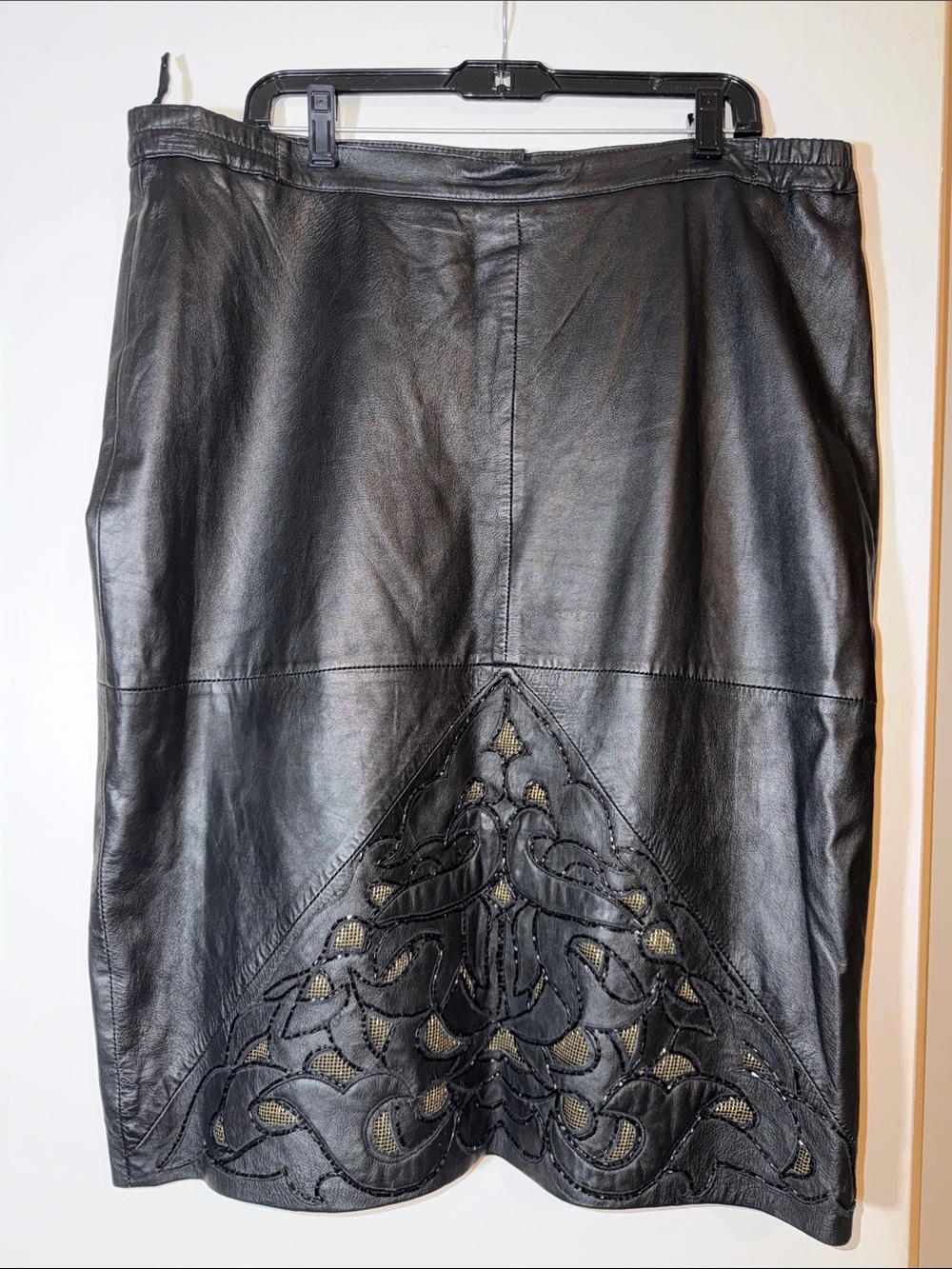 Vintage Black Leather Skirt with Laser-Cut and Bead Detail